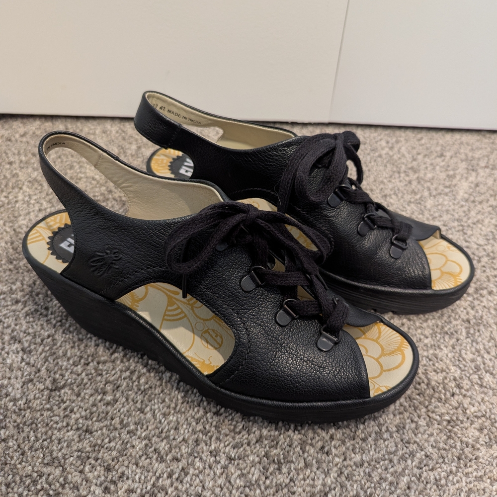 Fly London Black Wedge Leather Sandals size 41